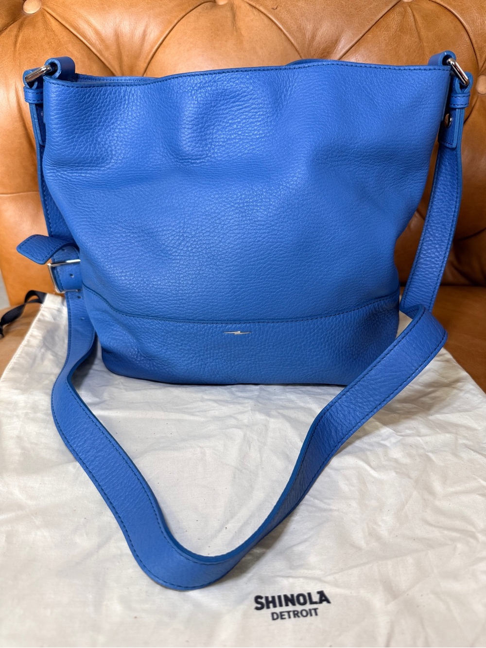 The Shinola Birdy Hobo luxe grain leather bag.
Blue stone
Never worn